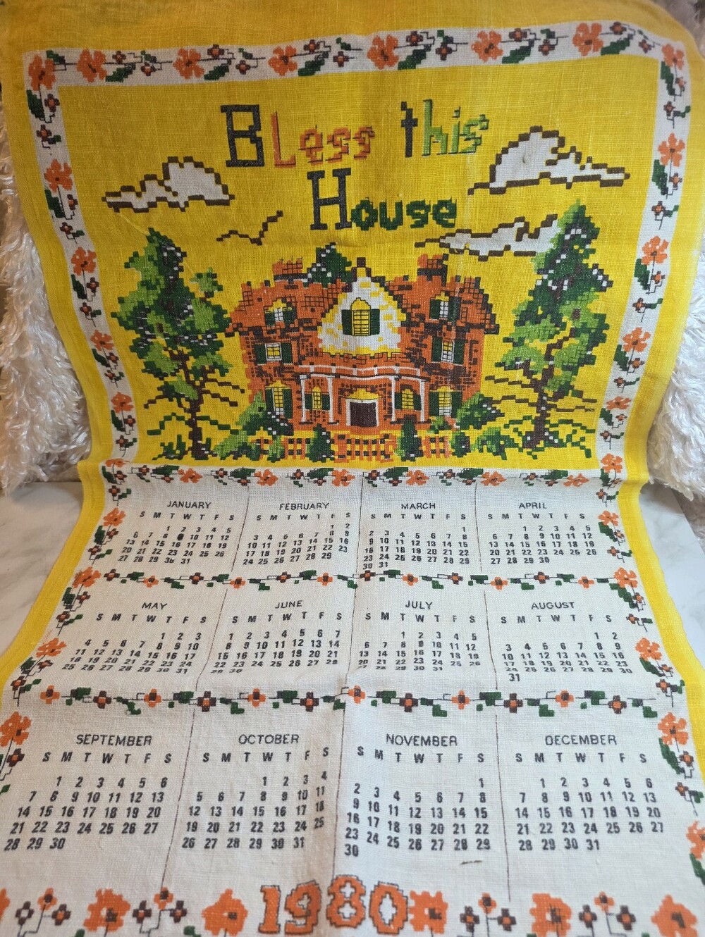 Vintage 1980 'Bless This House' Embroidered Calendar Linen